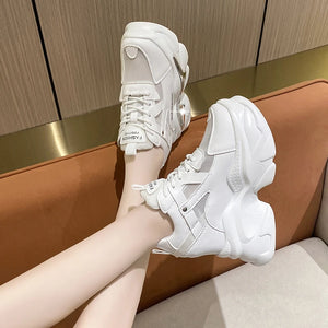 Women Mesh Breathable Sneakers High Heel Lace-up Platform Shoes Inner Increasing Shoes
