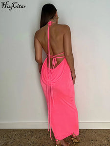 Hugcitar Swing Collar Backless Sleeveless Drawstrings Hollow Out Slit Sexy Maxi Prom Dress 2023 Summer Women Party Y2K Robe