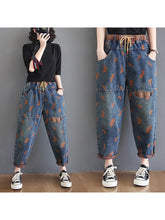 Laden Sie das Bild in den Galerie-Viewer, Jeans For Women Spring Street Feather Embroidery Color Contrast Loose Thin Drawstring Pockets Elastic Waist Denim Pants