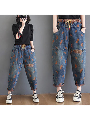 Jeans For Women Spring Street Feather Embroidery Color Contrast Loose Thin Drawstring Pockets Elastic Waist Denim Pants