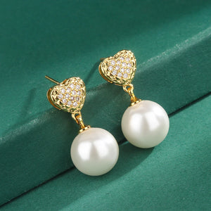 Chic Imitation Pearl Dangle Earrings Women Eternity Love Earrings with Cubic Zirconia Gold Color Jewelry