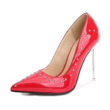 Laden Sie das Bild in den Galerie-Viewer, Glossy Patent Leather Rivets Slim Heels Ultra-high Heels Shallow Mouthed Pointed  Nightclub Oversized Women&#39;s Sexy Singles Shoes