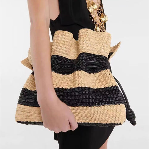 New Striped Crochet Bag Single-shoulder Tote Straw Bag Closed Women's Crossbody Bucket Bag Woven Beach Bag