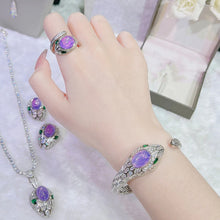 Cargar imagen en el visor de la galería, Silver Color Amethyst Jewelry Set for Women Purple Starlight Snake Pendant Necklace Stud Earrings Ring Bracelet
