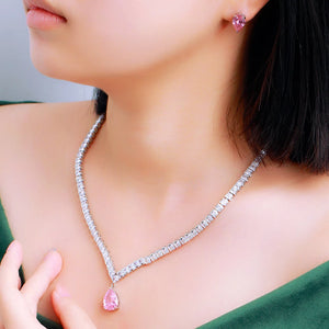 Shiny Pink Cubic Zirconia Water Drop Bridal Jewelry Sets b166