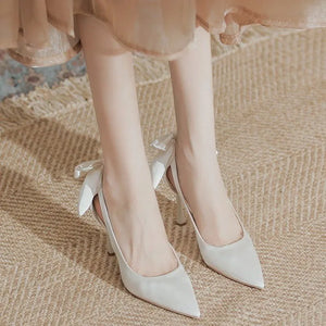 Women Pumps White Champagne Satin Back Bow Tie Sexy Pumps Stiletto Pointed Toe Shallow Women Wedding Party Shoes Cover Heel