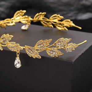 Luxury Gold Color Women Leaf Crystal Crown Forehead Bridal Hairband Rhinestone Tiaras bc79 - www.eufashionbags.com