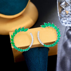 Fashion Green CZ Half Round Leaf Stud Earrings for Women b76