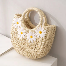 Load image into Gallery viewer, New Small Fresh Hand Carry Messenger Sticky Flower Straw Bag Mini Yuan Bucket Woven Bag Casual Women&#39;s Bag Beach Bag