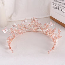 Load image into Gallery viewer, Rose Gold Crystal Butterfly Crowns Diadem Pearl Rhinestone Wedding Hair Accessories b07