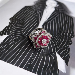 925 Sterling Silver Red Rose Flower Ring for Women Luxury Micro Inlaid Full Zirconia Geometry Ring