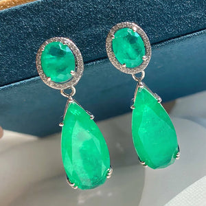Silver Color Retro Large Water Drop Earrings for Women Simulation Paraiba Tourmaline Emerald Jewelry