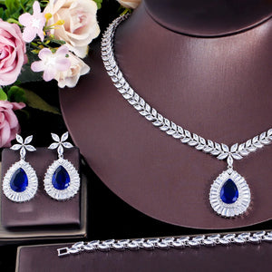 4pcs Royal Blue CZ Necklace Earrings Ring And Bracelet Wedding Jewelry Set for Women