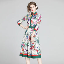 Charger l&#39;image dans la galerie, Fashion Runway Summer Striped Flower Dress Women&#39;s Turn Down Collar Long Sleeve Floral Print Midi Tunic Party Pleated Vestidos