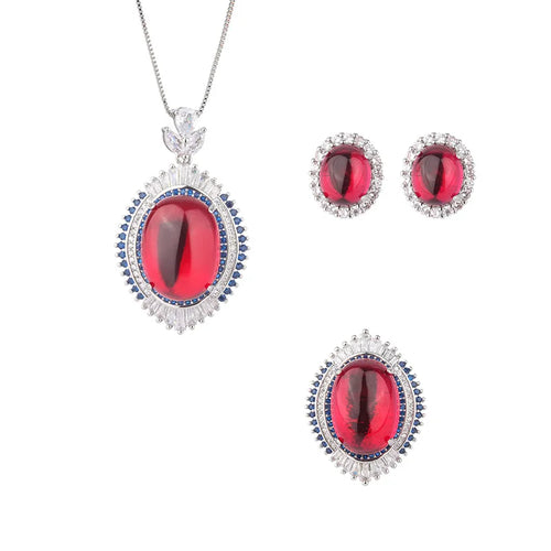 Vintage Ruby Crystal Necklace Pendant Adjustable Ring Earrings Wedding Fine Jewelry for Women x20