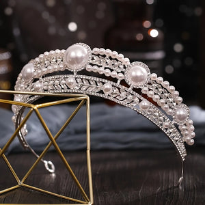 Silver Color Pearl Rhinestone Luxury Tiara Hairband Wedding Accessories Headband Crown