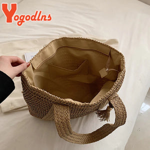 Luxury Straw Woven Tote Bag Summer Casual Large Tassel Handbags Fashion Beach Women Travel Shoulder bag