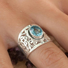 Load image into Gallery viewer, Hollow Out Wide Ring with Oval Sky Blue Stone Trendy Accessories for Women t19 - www.eufashionbags.com
