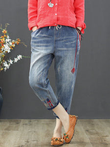 Fashion Summer Ripped Loose Jeans Women Casual Embroidery Denim Trousers Vintage Elastic Harem Pants