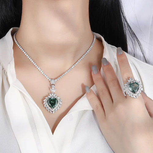 925 Sterling Silver Mint Green 15*15 High Carbon Diamond Heart-shaped Crystal Ring Necklace Set x16