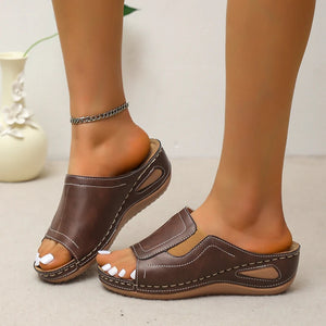Retro Thick Sole Wedge Slippers Women 2023 Summer Pu Leather Platform Sandals Woman Plus Size 43 Non Slip Beach Shoes Flip Flops