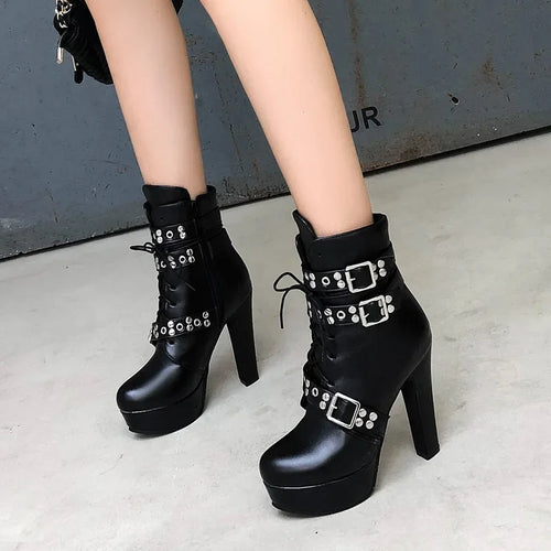 Women's Ankle Boots Platform Red White Yellow Lace Up High Heels Short Boot Autumn Winter Sexy Warm Shoes Female Large Size 50