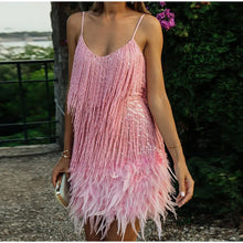 Load image into Gallery viewer, 2023 New Sexy Tassel Sequins Feather Mini Dress Women Spaghetti Strap Stitching Dresses Female Elegant Evening Party Club Dress