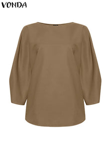 VONDA 2024 Summer Women Blouse Fashion Casual Shirts 3/4 Sleeve Solid Color Loose Tunic Tops Vintage Office Blusas Femininas
