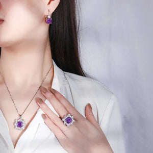 925 Sterling Silver Earrings Amethyst Necklace Square Rings for Women Wedding Jewelry set x19