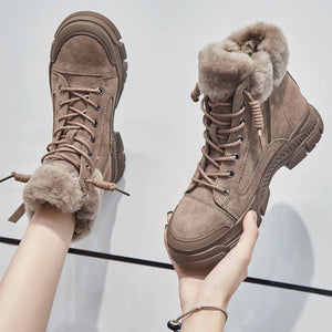 Winter Women Snow Boots Thick Sole Warm Plush Shoes Genuine Leather Suede Sneakers q165