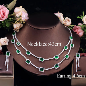 Luxury Green Square Cubic Zircon Wedding Jewelry Sets Double Layered Necklace Earrings z06