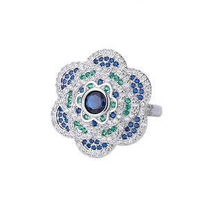 925 Sterling Silver Retro Sapphire High Carbon Diamond Flower Adjustable Ring Wedding Gifts x17