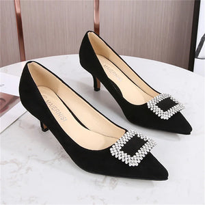 Fashion Women 5cm High Heels Pumps Lady Wedding Bridal Red Suede Sandals Low Heels Party Crystal Buckle Shoes
