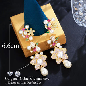 Flower Dangle Drop Pearl Earrings for Women Cubic Zirconia Paved Long Cluster Jewelry b106