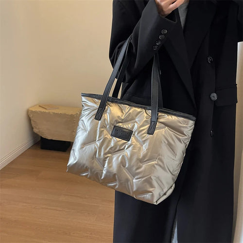 Silver Big Casual Cotton Shoulder Bag for Women New Trendy Korean Fashion Handbags Designer Padded Tote Bag