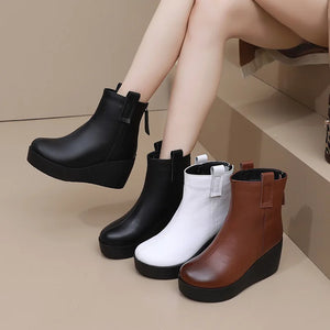 Women Genuine Leather Wedges Snow Boots Height Increasing Short Boots q140