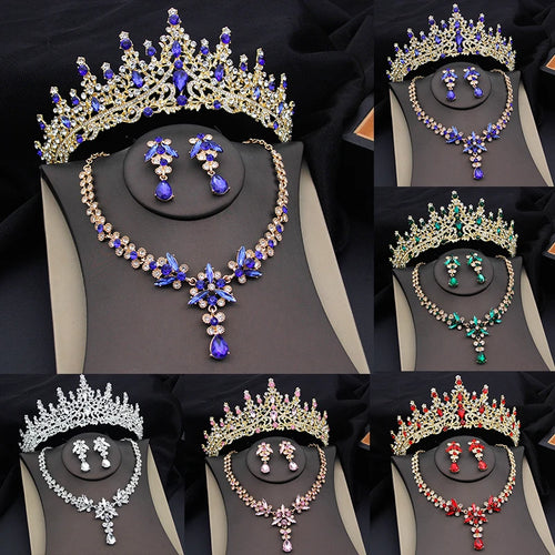 Luxury Bridai Crown Jewelry Sets for Women 3 Pcs Tiaras With Necklace Earrings Set Wedding Dress Prom Costume Accessory