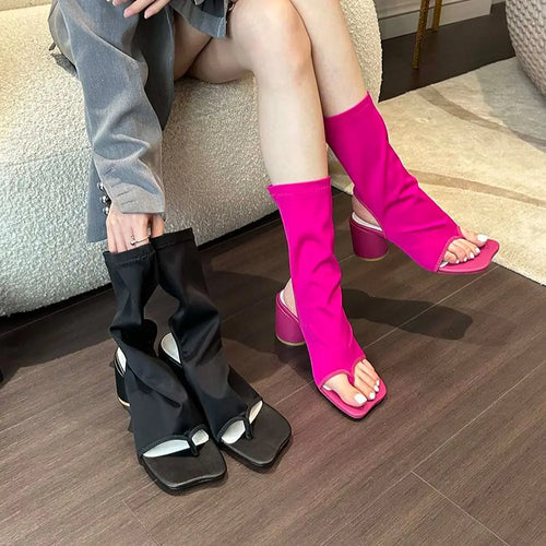 Fashion Women Sandals Boots Clip Toe Summer Stretch Boots Sock Booties Thick High Heels Slip On Party Stretch Boots