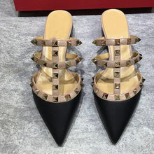 Cargar imagen en el visor de la galería, Shiny Gold Rivets T- Strap Sandals 4cm Med Heels Slippers Summer Mujer Sexy Dress Shoes Patent Leather And Matte Claussure