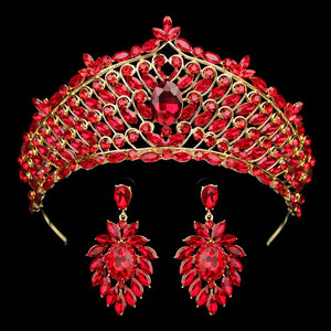 Red Crystal Wedding Crown and Earrings Set Tiaras Pageant Headwear Hiar Jewelry b11