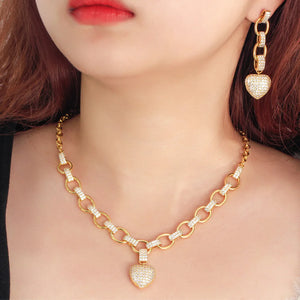 Love Heart Shaped CZ  Jewelry Sets Cuban Link Chain Necklace and Earrings For Women b60
