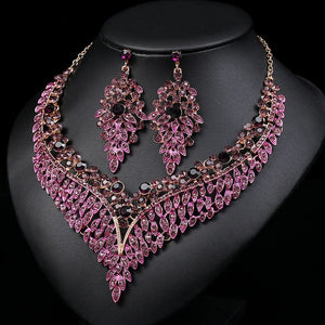 Rhinestone Bride Jewelry Sets for Women Luxury Purple Necklace Earrings Set Wedding Dress Jewelry Sets Costume Accessories
