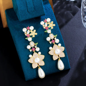 Flower Dangle Drop Pearl Earrings for Women Cubic Zirconia Paved Long Cluster Jewelry b106
