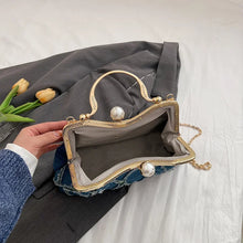 Load image into Gallery viewer, Vintage Denim Bag Metal Handle Chain Clutch Antique Kiss Lock Shoulder Crossbody Bag a125