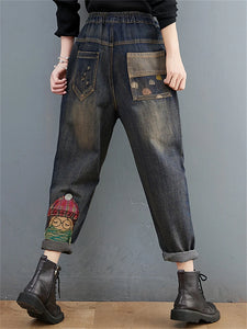 Cartoon Litter Girl Embroidery Denim Pants For Women Trendy Hole Casual High Waist Breeches Pockets Mom Harem Blue Jeans