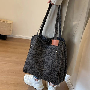Oversized Leopard Prints Shoulder Bags For Women Deformable Canvas Large Shopping Totes All Season New Luxury Handbags