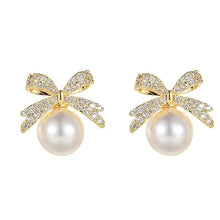 Cargar imagen en el visor de la galería, Bow Imitation Pearl Stud Earrings for Women Temperament Gold Color CZ Earrings Wedding Party New Trendy Jewelry
