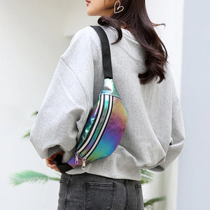 Holographic Fanny Packs Women Sliver Laser Waist Bags Geometric Chest Phone Pouch PU Leather Travel Bum Shoulder Bags
