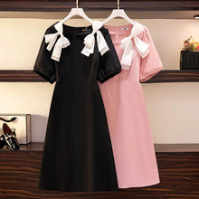 Load image into Gallery viewer, 150Kg Plus Size Fashion Women&#39;s Bust 150 Summer Loose Bow Short-Sleeved Square Neck Waist Dress Black Pink 5XL 6XL 7XL 8XL 9XL