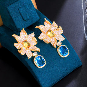 Micro Paved Blue Cubic Zirconia Earrings Long Geometric Flower Bridal Dress Jewelry b57